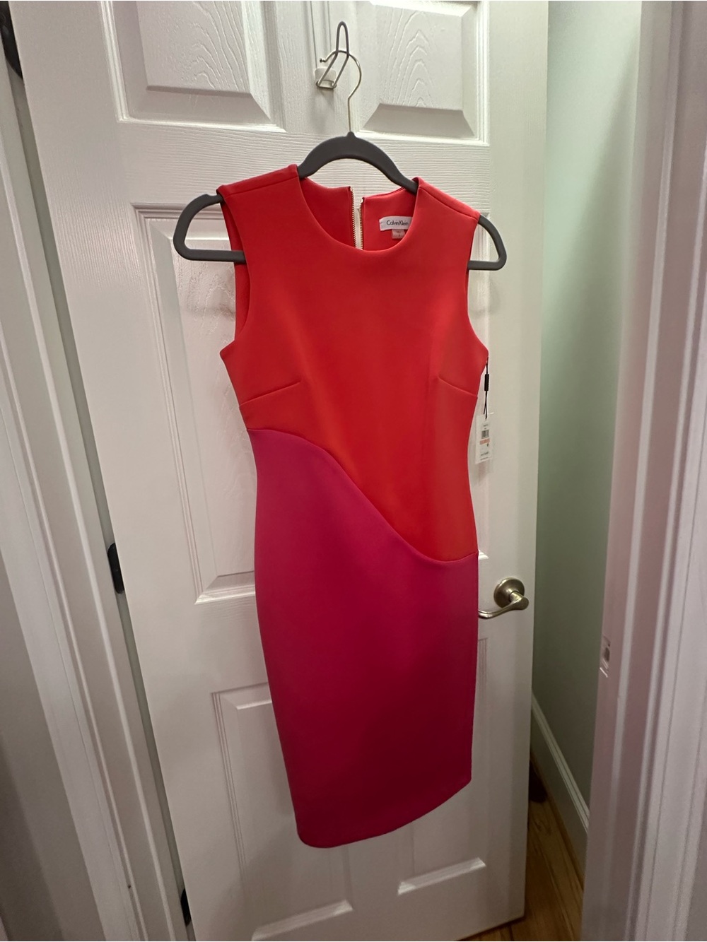 Calvin Klein Coral and Fuchsia Colorblock Midi Sheath Dress - Picture 7 of 10